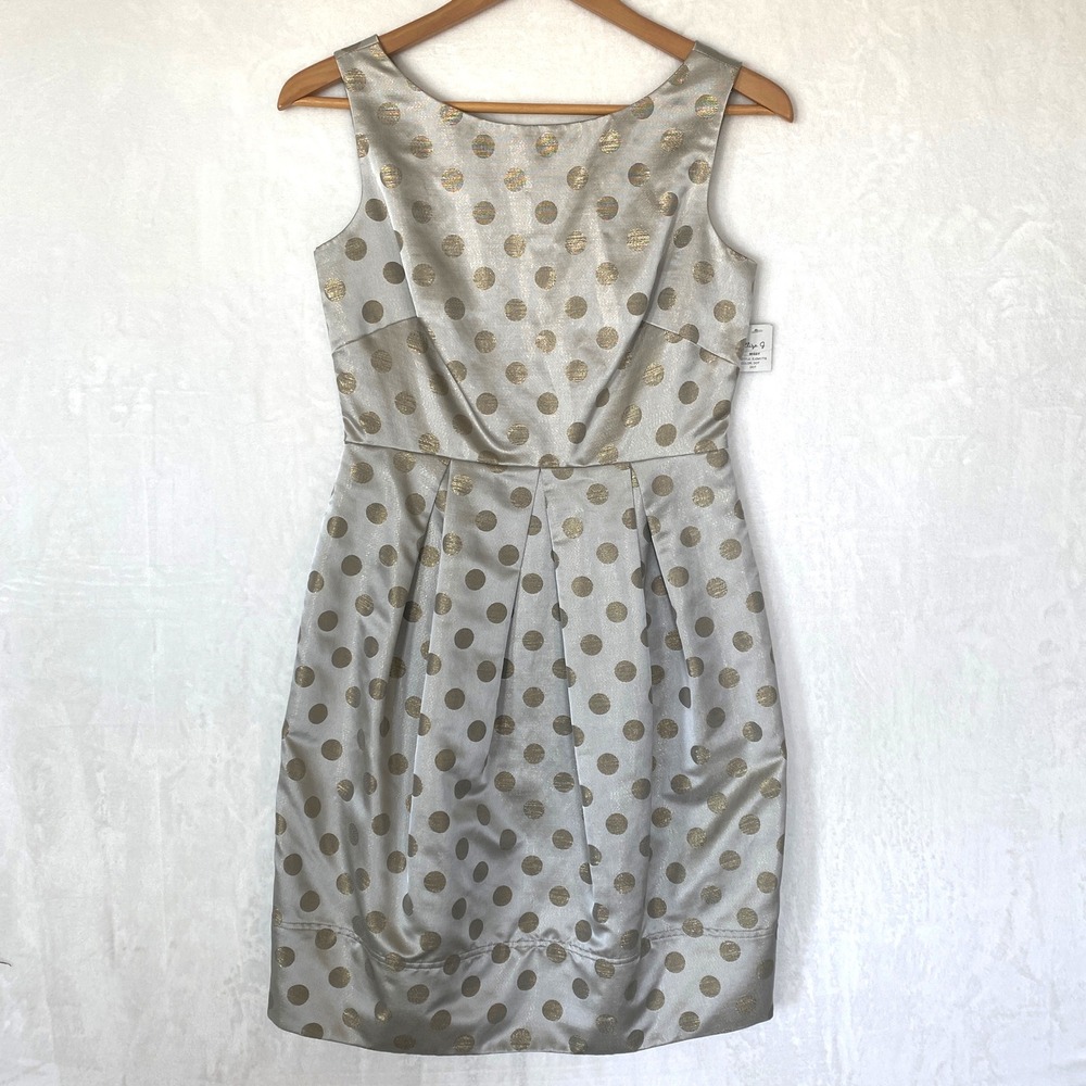 Eliza J Polka Dot Sleeveless Pleated Sheath Dress Metallic Gold Silver Holiday 4